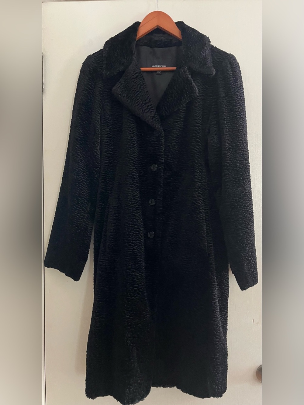 Jones New York Black Faux Fur Persian Lamb Coat Size M